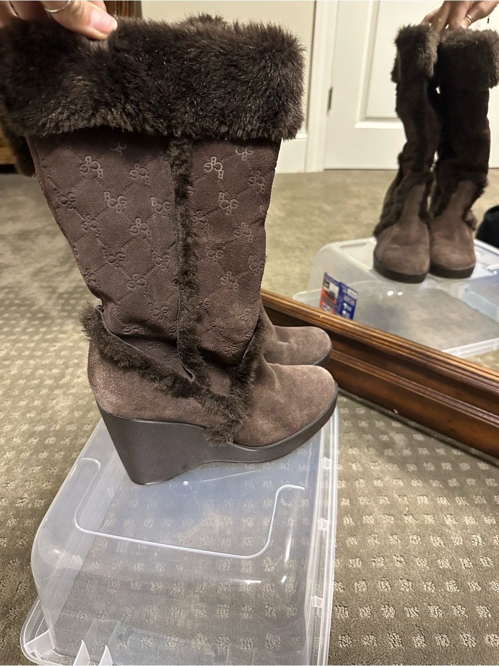 BCBGirls Brown Faux Fur Suede Wedge Boots